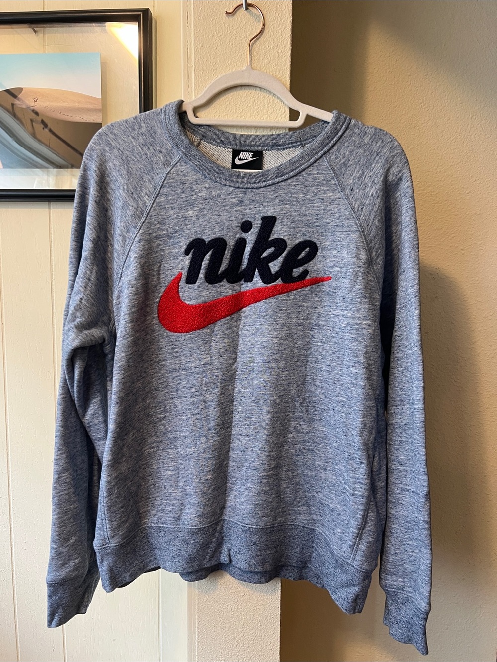 Nike Gray Crewneck Sweatshirt with Red Swoosh and Black Script